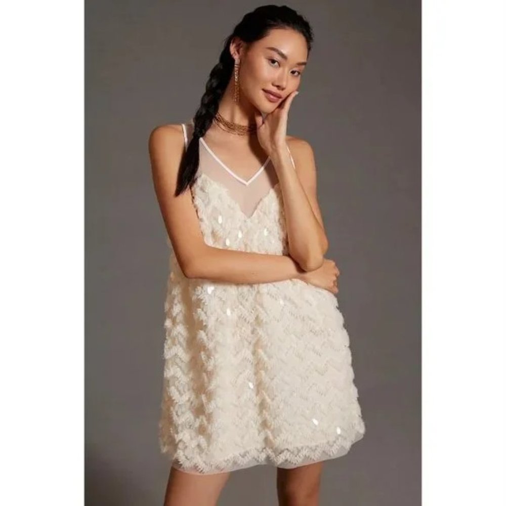 Anthropologie Maeve Textured Sequin Ivory White Tulle Fringe Mini Dress